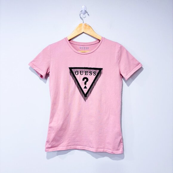 Guess Tops - GUESS Pink logo tee with rhinstones fringe detail | Casual chic | Medium